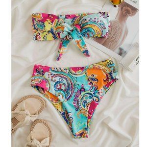 Paisley Print Knot Front Bandeau Bikini Swimsuit